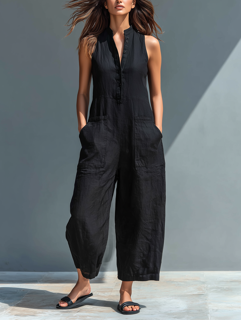 Celia Wide-Leg Button-Front Sleeveless Jumpsuit Casual Pockets