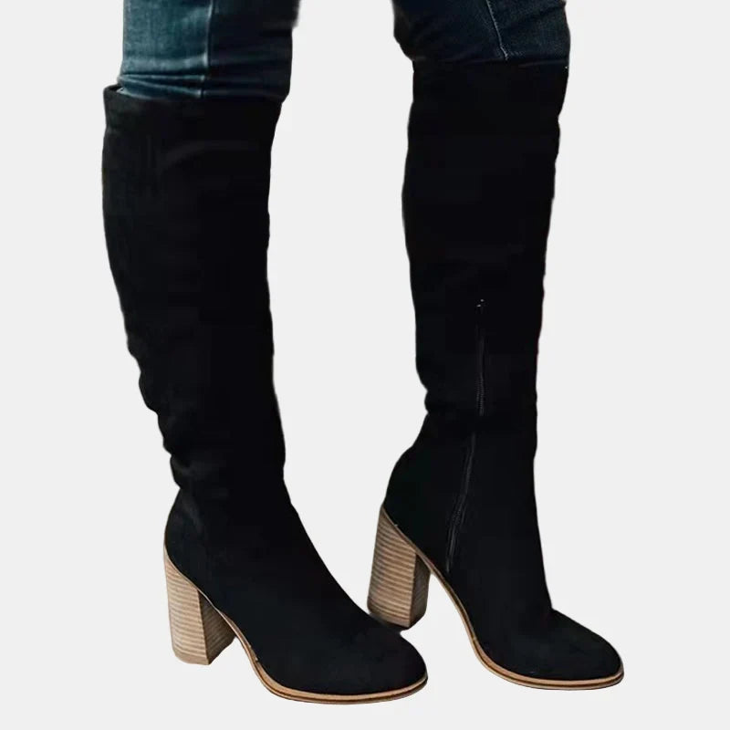 Sybil Ruched Knee-High Block Heel Boots
