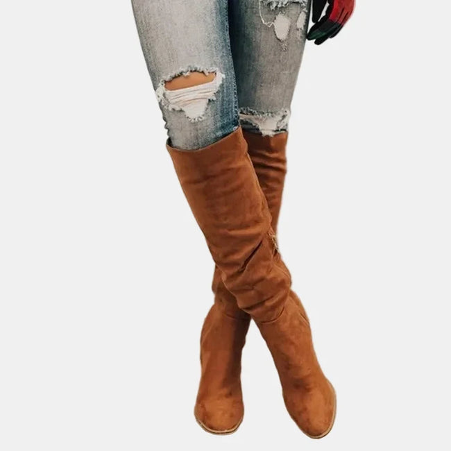 Sybil Ruched Knee-High Block Heel Boots