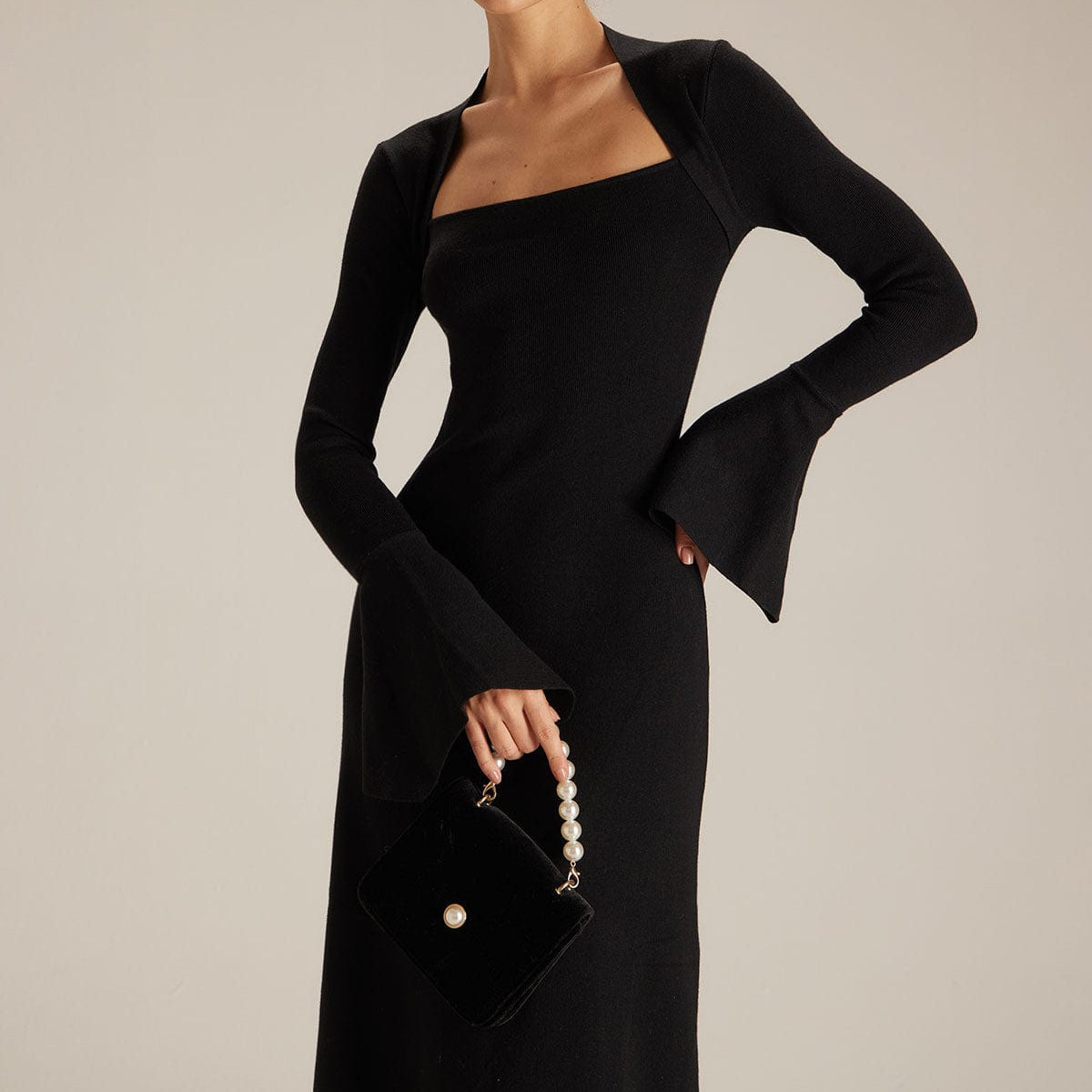 Cecilia Square-Neck Flare-Sleeve Knit Midi Dress