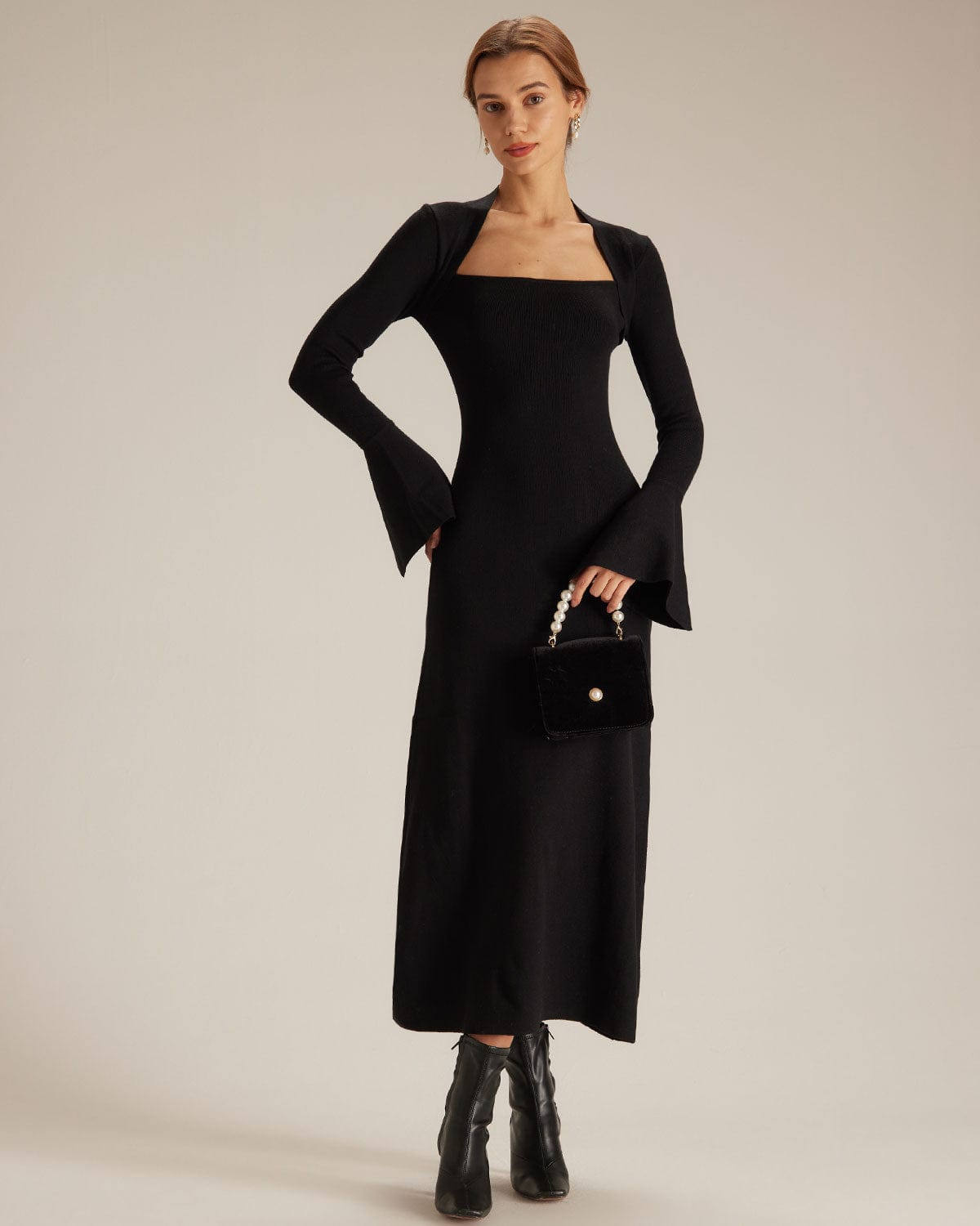 Cecilia Square-Neck Flare-Sleeve Knit Midi Dress
