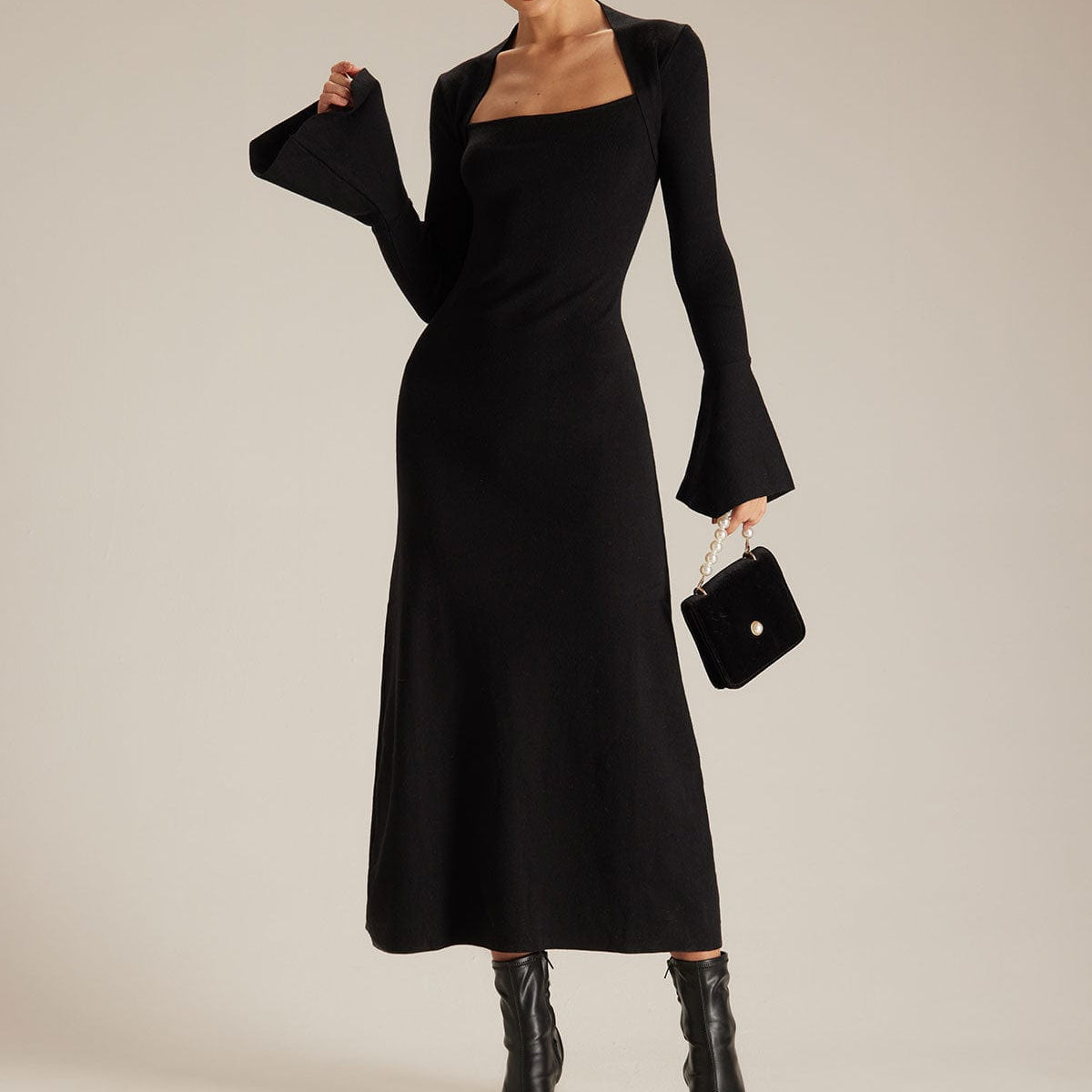Cecilia Square-Neck Flare-Sleeve Knit Midi Dress