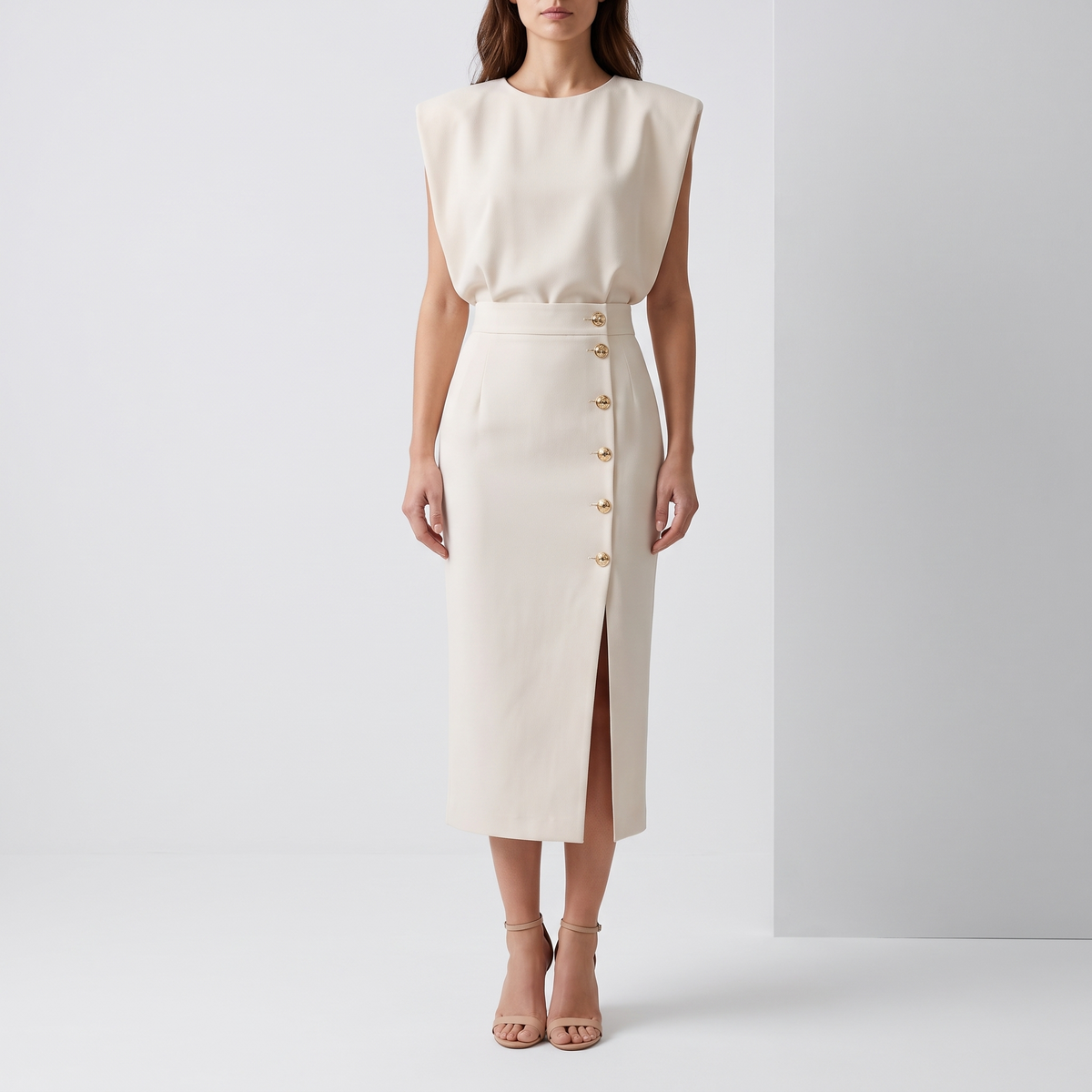 Delphine Sleeveless Side-Button Midi Dress