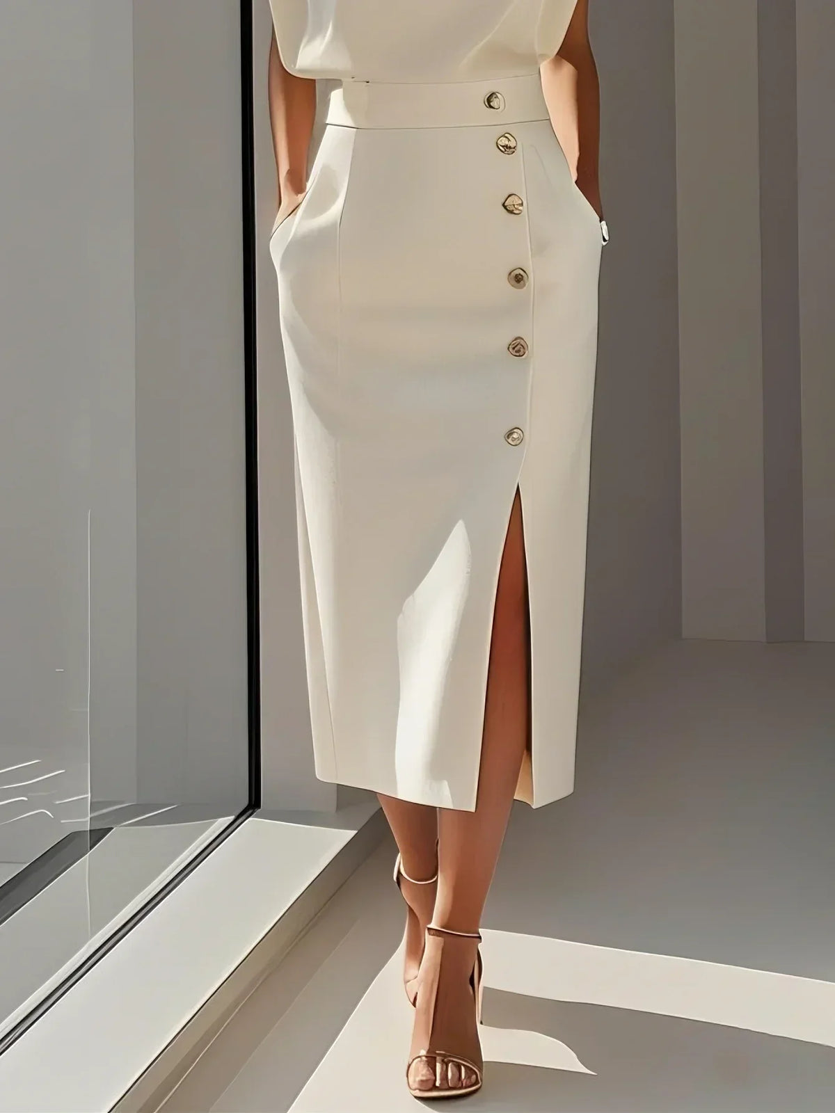 Delphine Sleeveless Side-Button Midi Dress