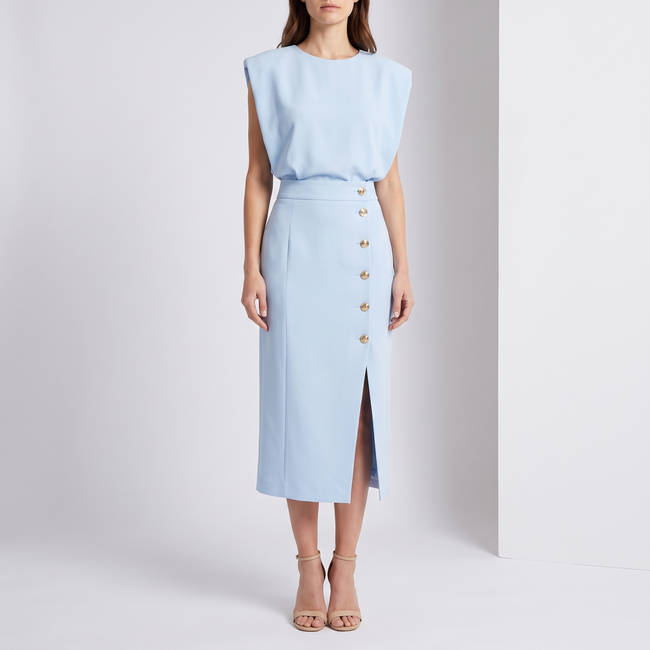 Delphine Sleeveless Side-Button Midi Dress