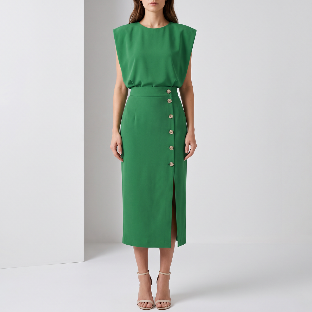Delphine Sleeveless Side-Button Midi Dress