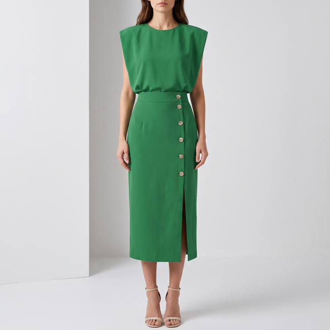 Delphine Sleeveless Side-Button Midi Dress