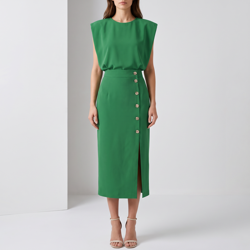 Delphine Sleeveless Side-Button Midi Dress