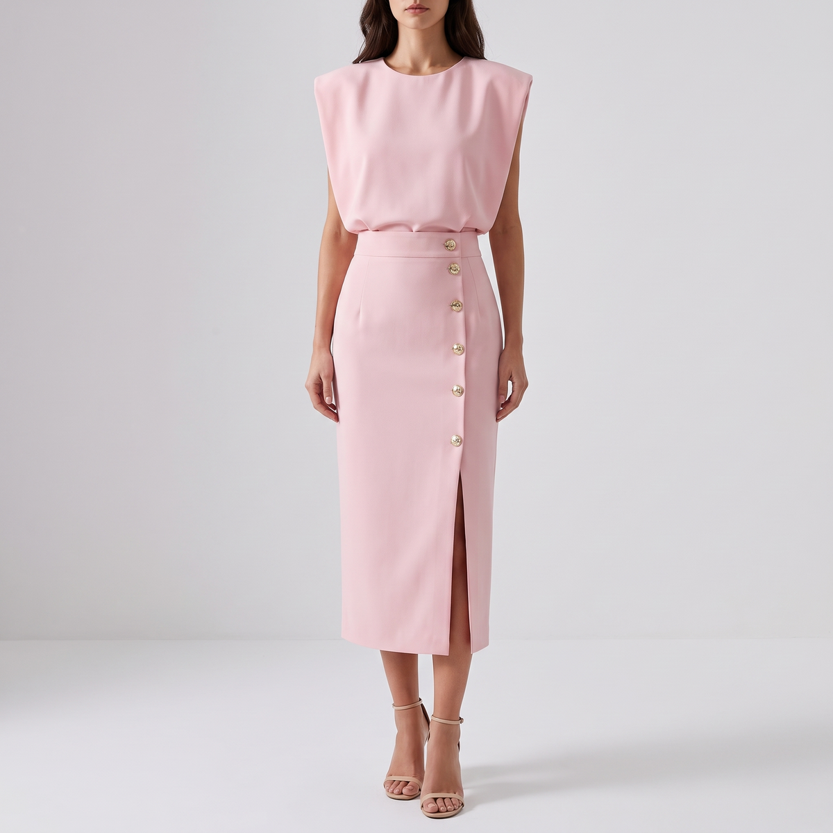 Delphine Sleeveless Side-Button Midi Dress