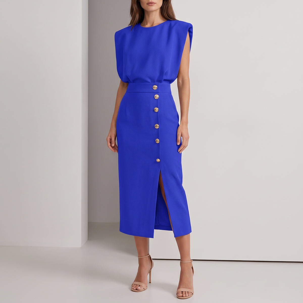 Delphine Sleeveless Side-Button Midi Dress