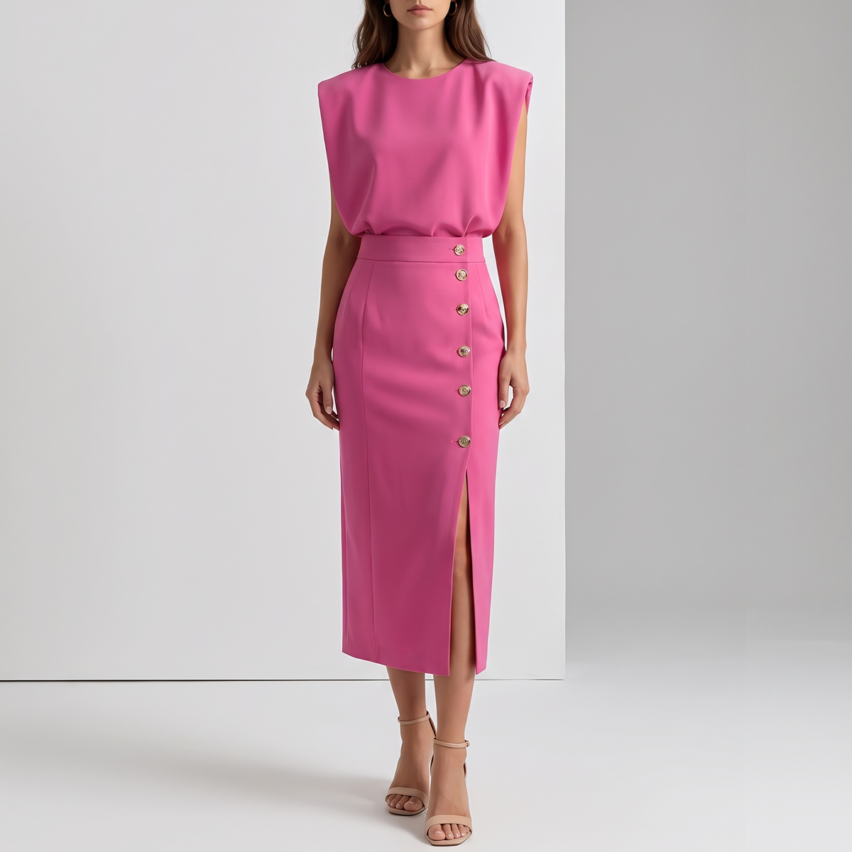 Delphine Sleeveless Side-Button Midi Dress