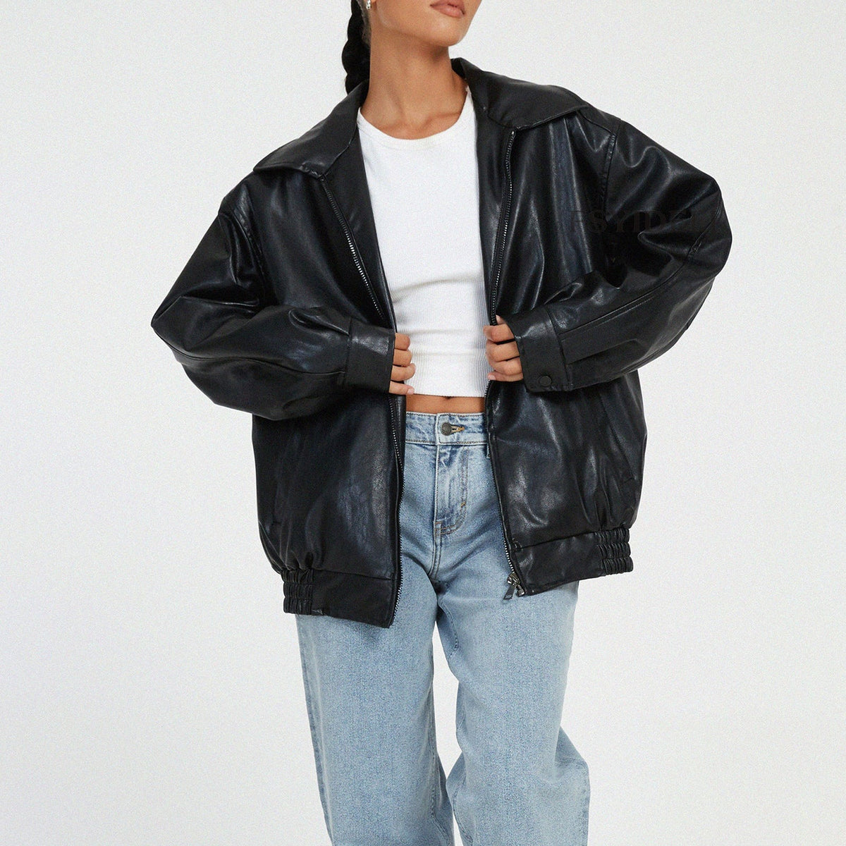 Valentina Zip-Front Leather Bomber Jacket