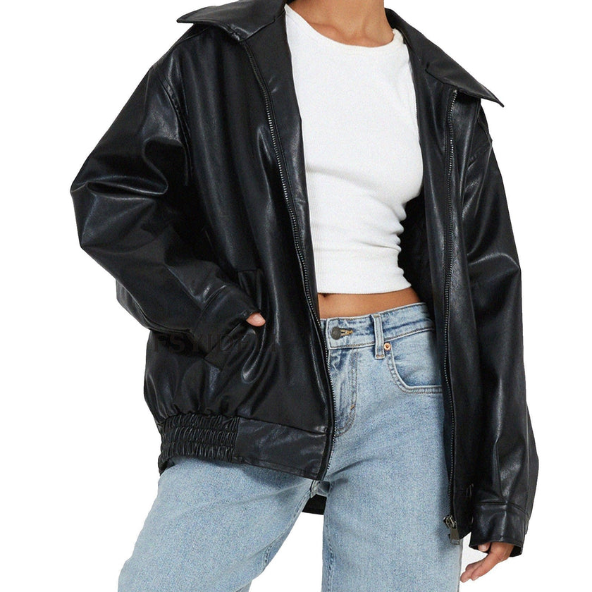 Valentina Zip-Front Leather Bomber Jacket