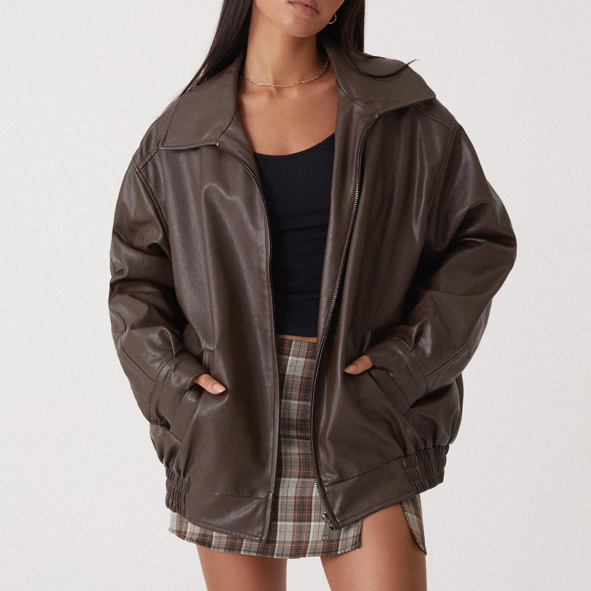 Valentina Zip-Front Leather Bomber Jacket
