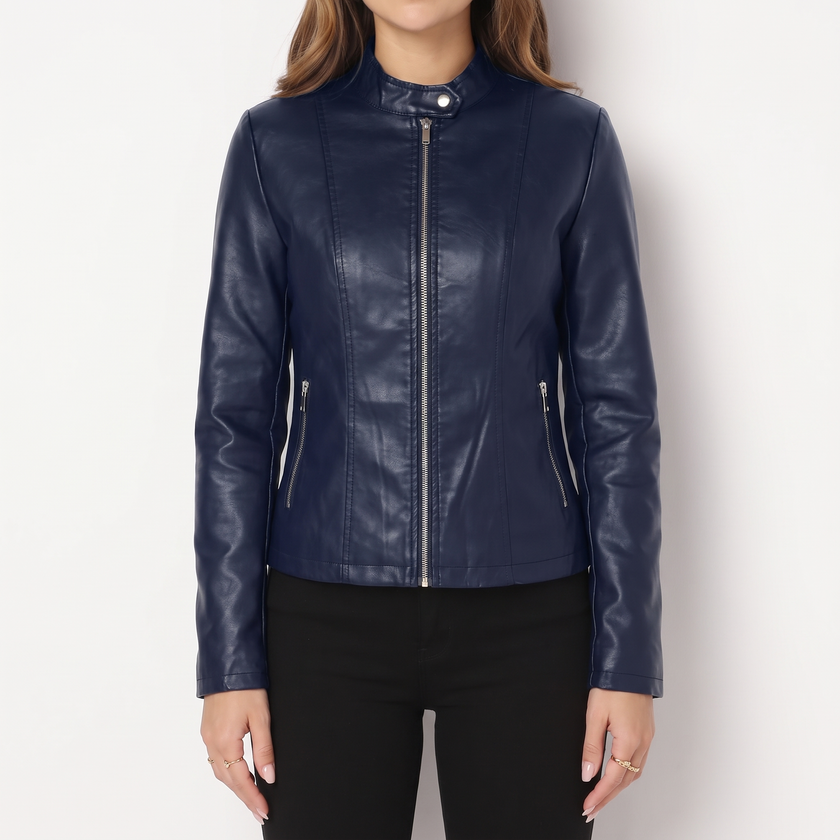 Vivian Sculpted Zip-Front Biker Jacket - Blue