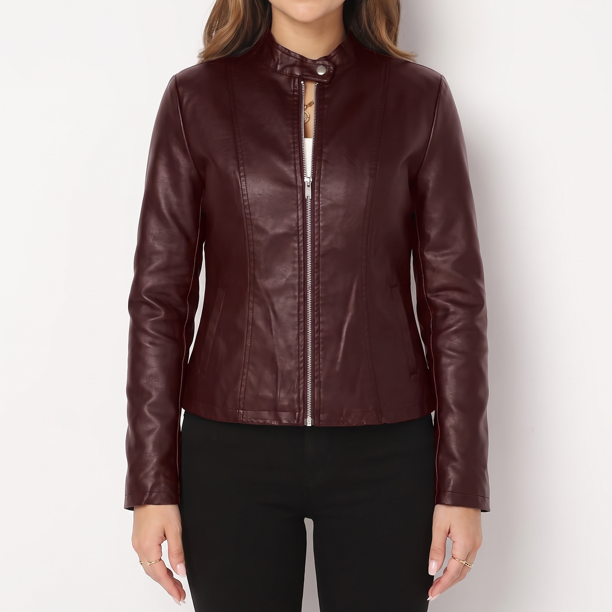 Vivian Sculpted Zip-Front Biker Jacket - Burgundy