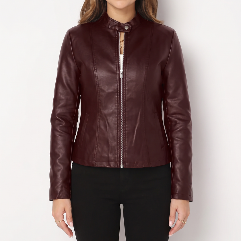 Vivian Sculpted Zip-Front Biker Jacket - Burgundy