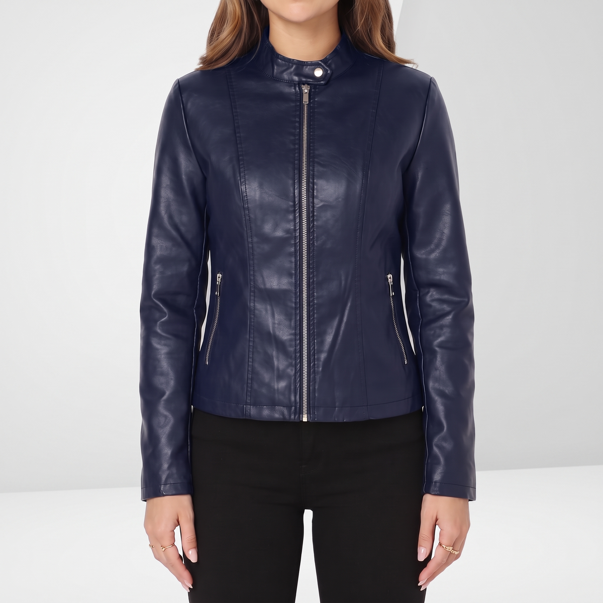Vivian Sculpted Zip-Front Biker Jacket - Blue