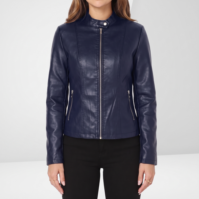 Vivian Sculpted Zip-Front Biker Jacket - Blue