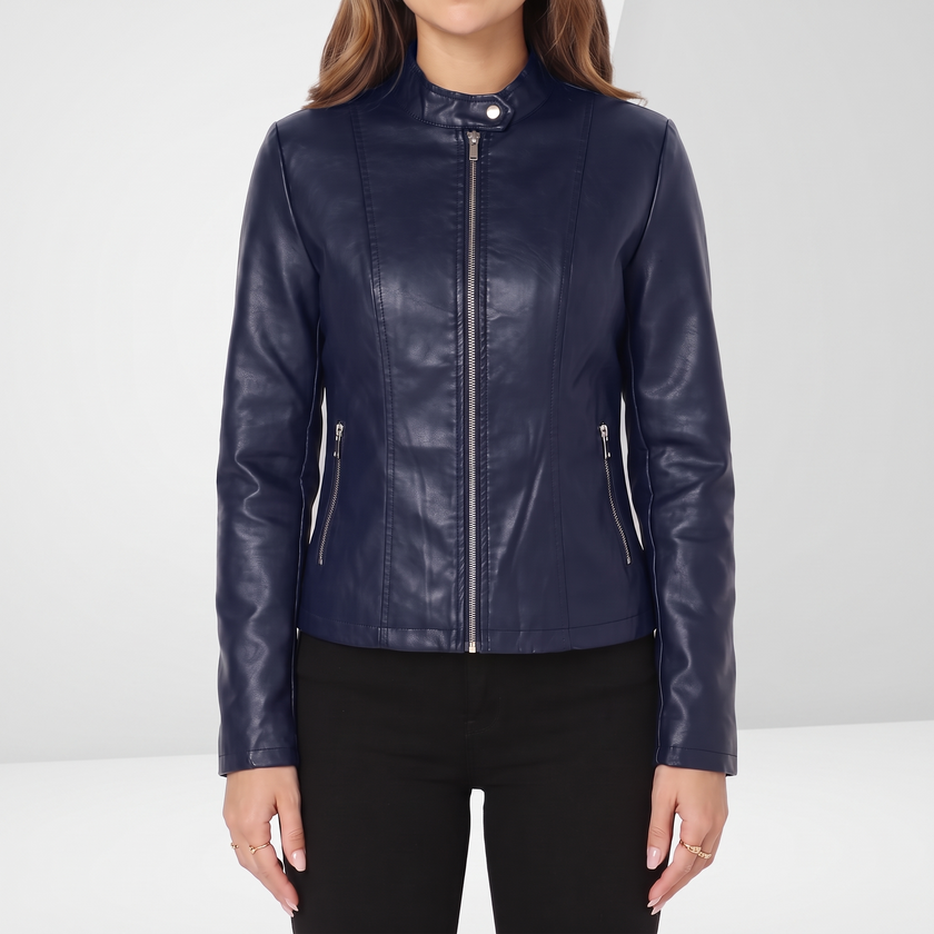 Vivian Sculpted Zip-Front Biker Jacket - Blue