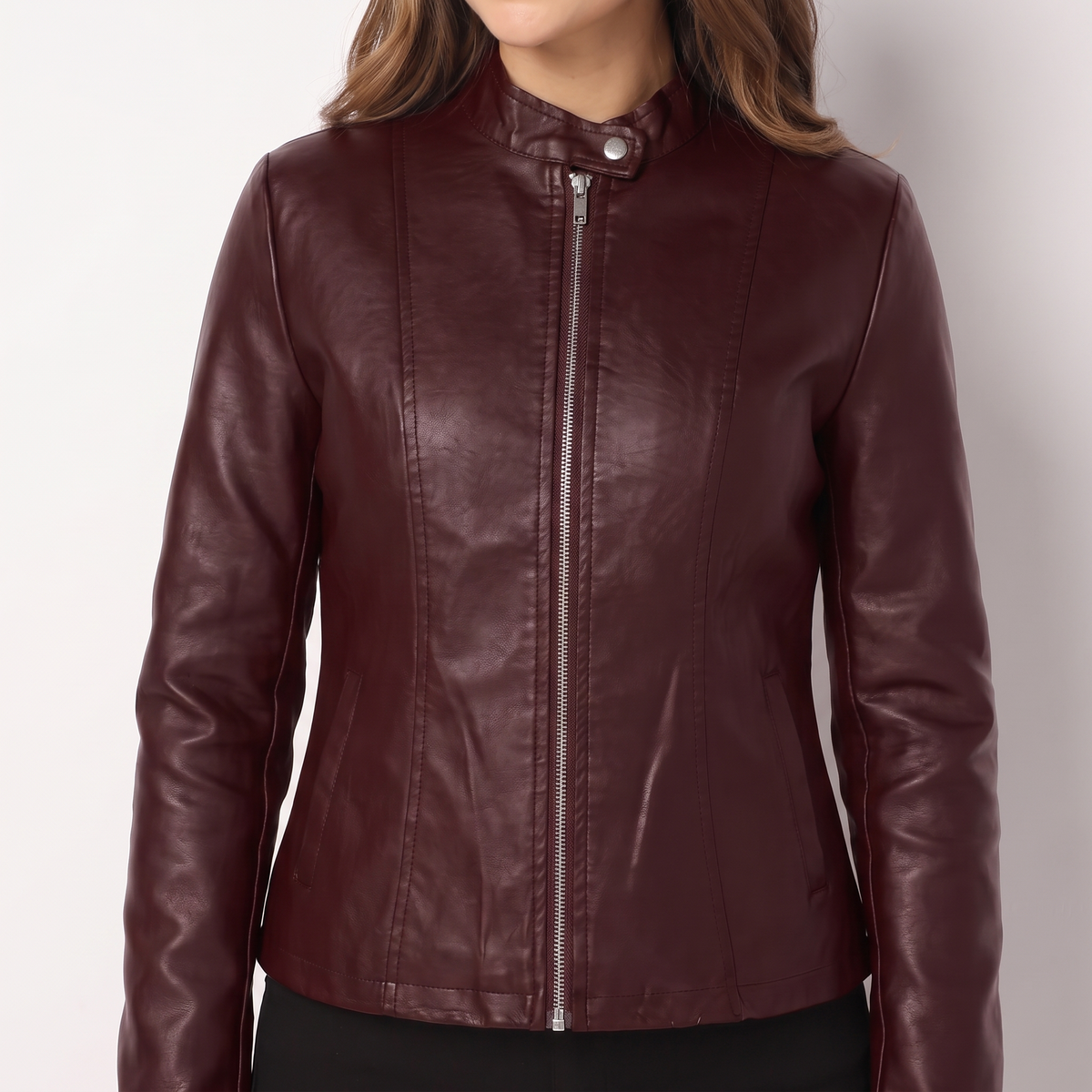 Vivian Sculpted Zip-Front Biker Jacket - Burgundy