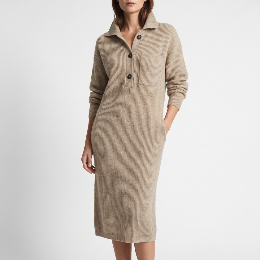 Arabella High-Neck Button Collar Midi Dress - Beige