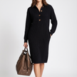 Arabella High-Neck Button Collar Midi Dress - Black