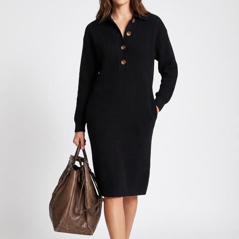 Arabella High-Neck Button Collar Midi Dress - Black