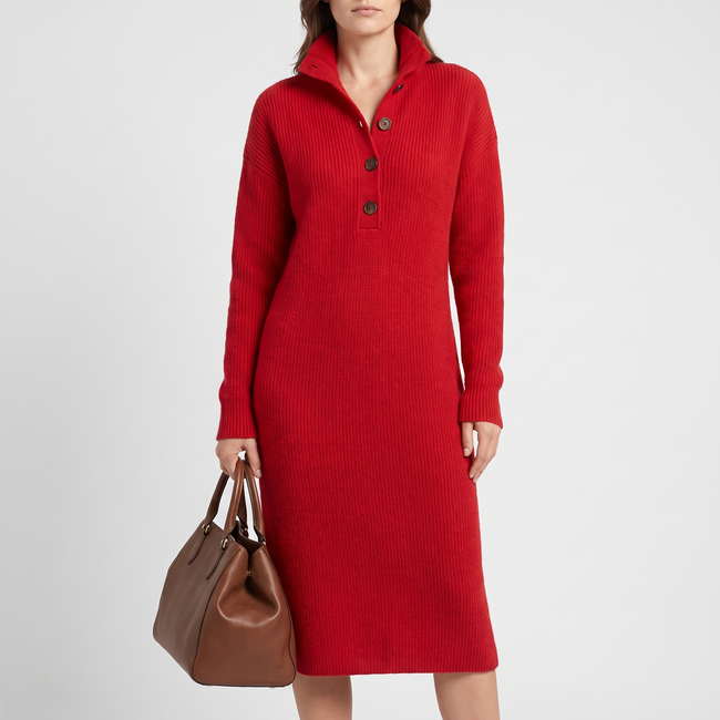 Arabella High-Neck Button Collar Midi Dress - Red