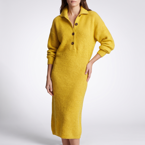Arabella High-Neck Button Collar Midi Dress - Yellow