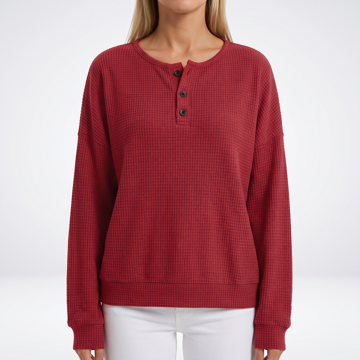 Adeline Waffle-Knit Henley Sweatshirt