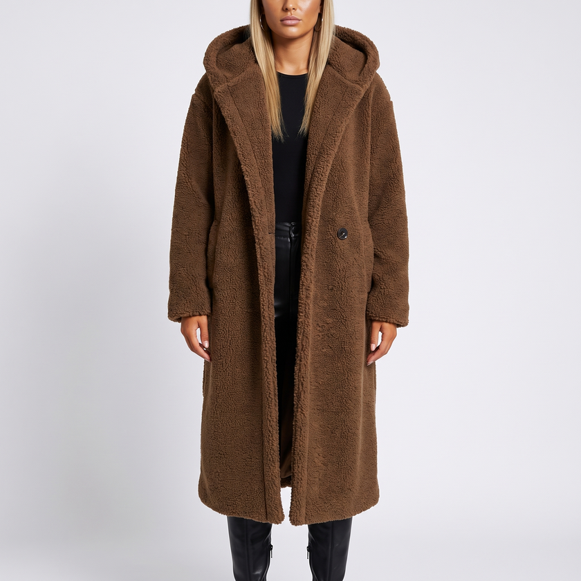 Coralie Hooded Plush Teddy Coat - Brown