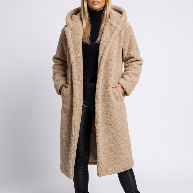 Coralie Hooded Plush Teddy Coat - Beige
