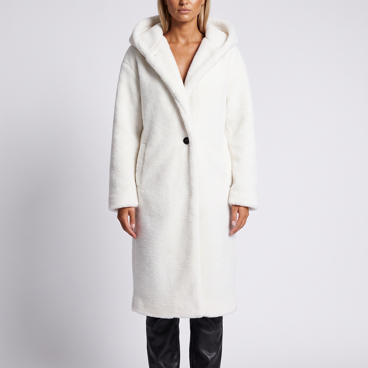 Coralie Hooded Plush Teddy Coat - White