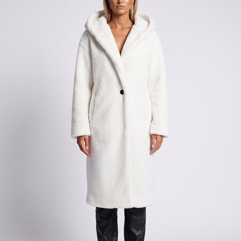 Coralie Hooded Plush Teddy Coat - White