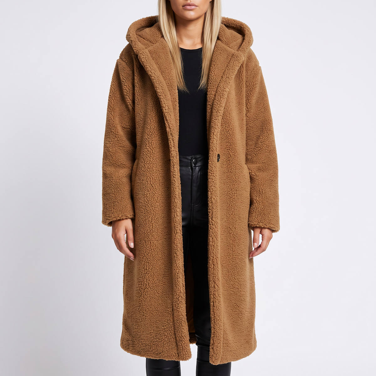 Coralie Hooded Plush Teddy Coat - Khaki