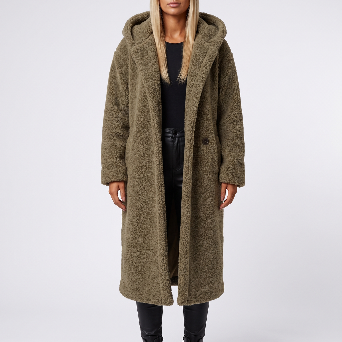 Coralie Hooded Plush Teddy Coat - Light Brown