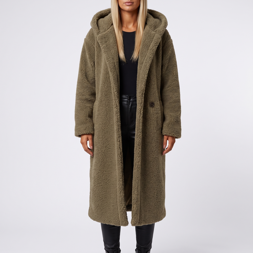 Coralie Hooded Plush Teddy Coat - Light Brown