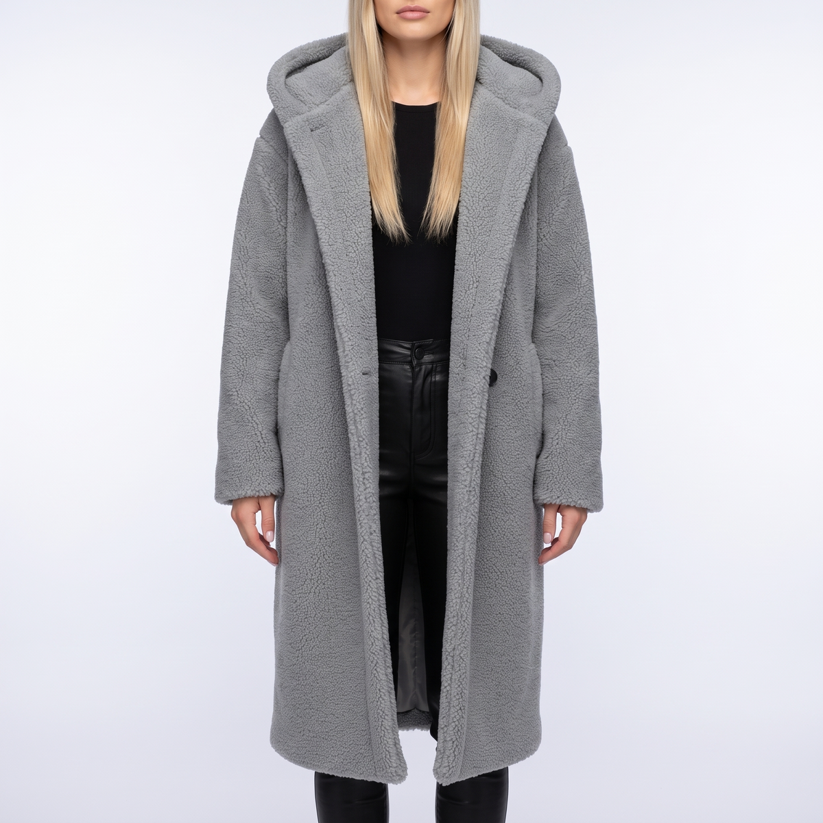 Coralie Hooded Plush Teddy Coat - Gray