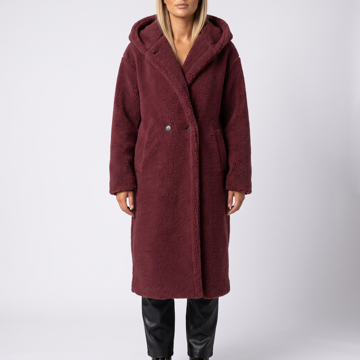 Coralie Hooded Plush Teddy Coat - Red