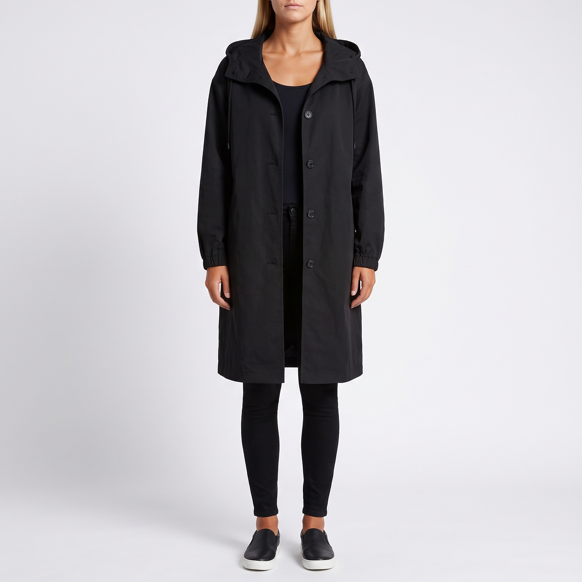 Emmeline Hooded Button-Front Trench Coat - Black