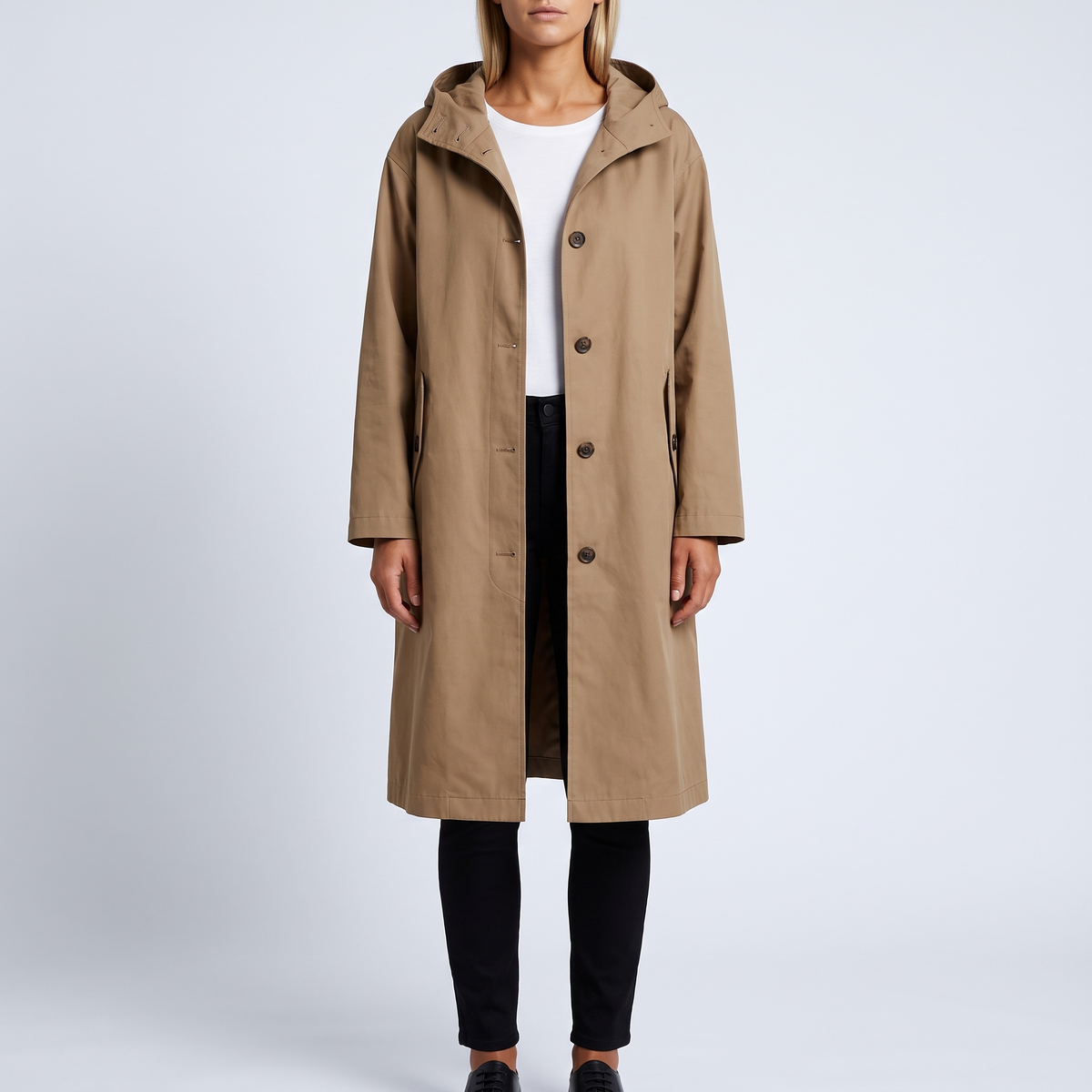 Emmeline Hooded Button-Front Trench Coat - Brown