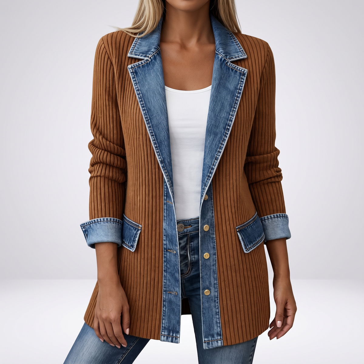 Capucine Patchwork Contrast Denim Jacket - Khaki