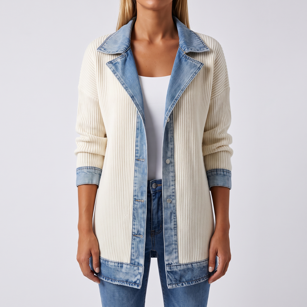 Capucine Patchwork Contrast Denim Jacket - White