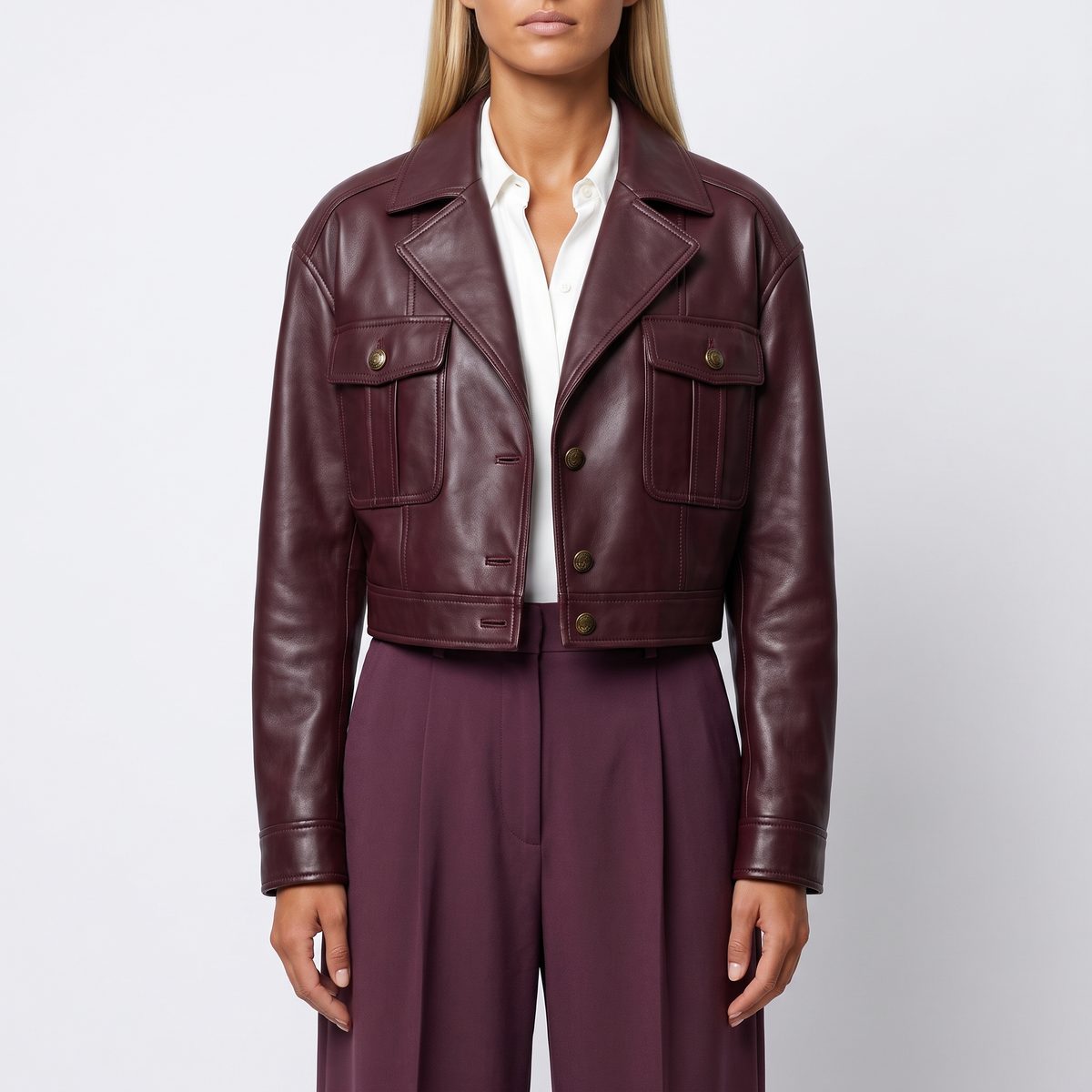 Oriane Cropped Lapel Leather Jacket - open front