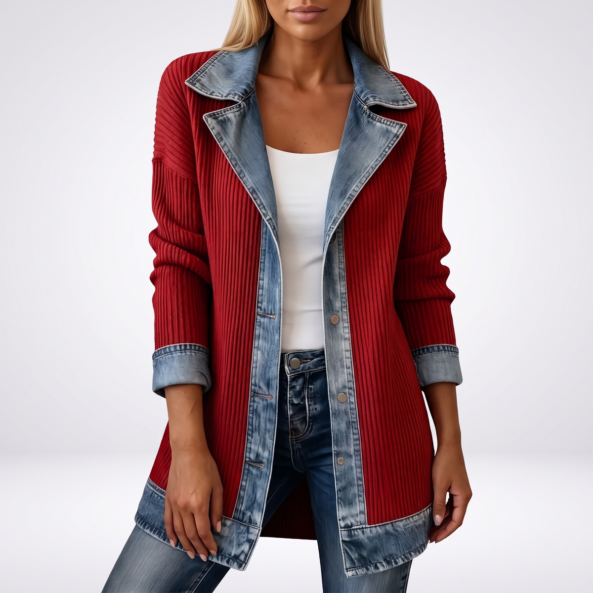 Capucine Patchwork Contrast Denim Jacket - Red