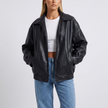 Valentina Zip-Front Leather Bomber Jacket - Black
