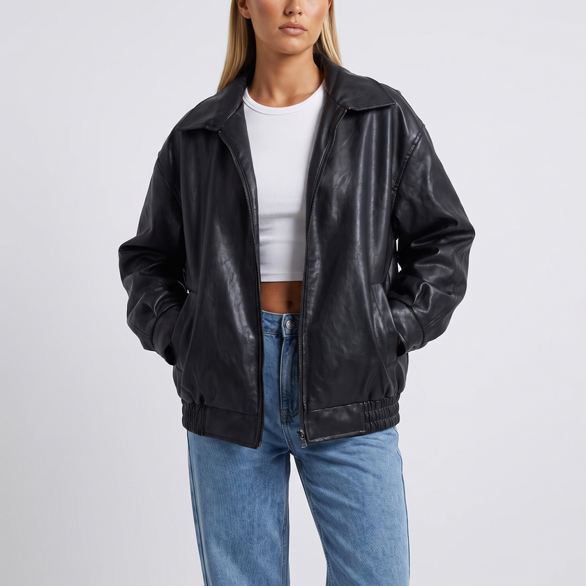 Valentina Zip-Front Leather Bomber Jacket - Black