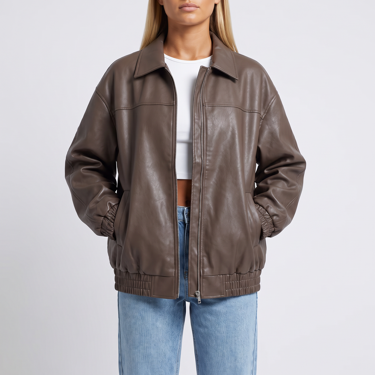 Valentina Zip-Front Leather Bomber Jacket - Brown