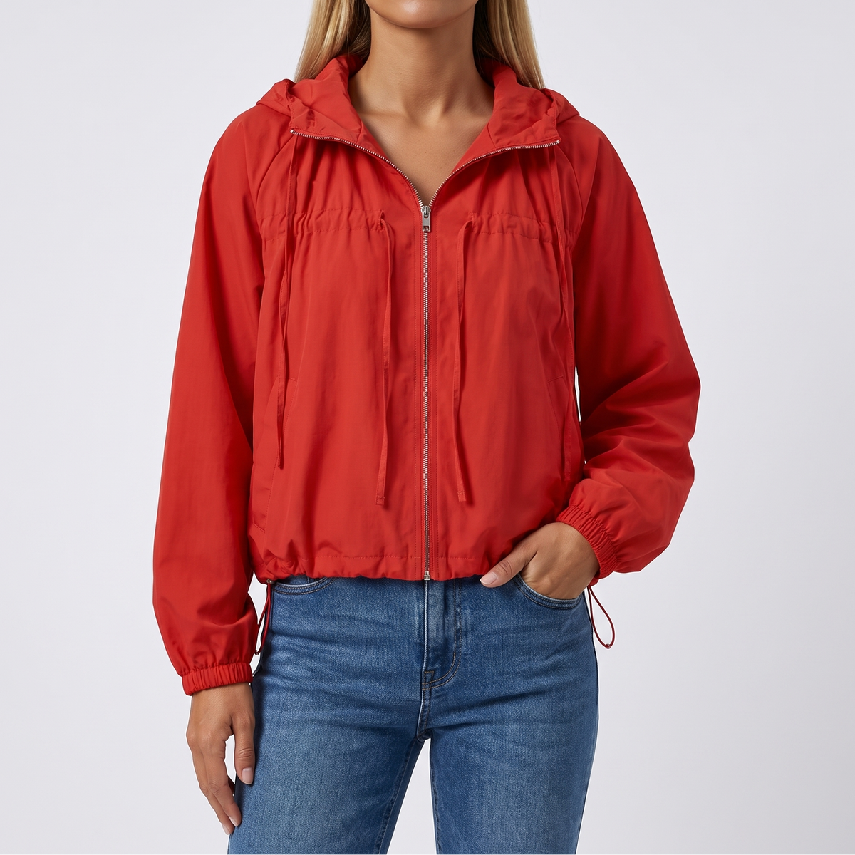 Sabine Hooded Gathered-Hem Windbreaker - Red